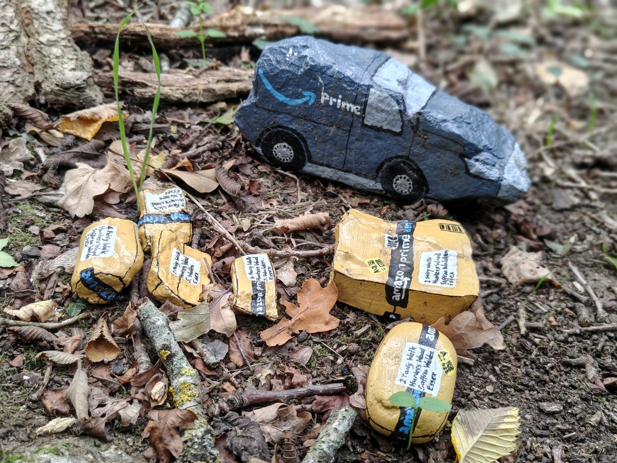 Misterbodd's tweet photo. A local woods has got a collection of painted stones. Hundreds of the buggers!
There are different collections: books, cartoons, flowers, seasons, animals etc 

I decided to add my own collection. Old school hip hop stones...

#MiddleClassDadRebellion https://t.co/9AwI8jWVrx