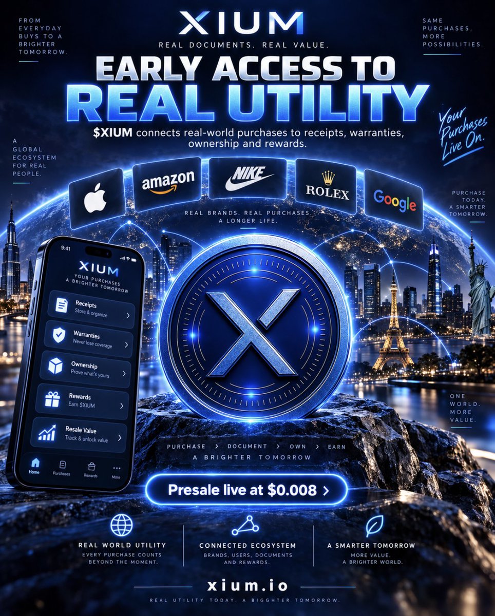 XIUM_TECH's tweet photo. ⚡ $XIUM isn’t built around hype — it’s built around what happens after the purchase.

Receipts. Warranties. Ownership. Rewards. Resale.
One connected ecosystem designed around real-world products and everyday purchases. 🌍

And while that vision is being built, $XIUM is still in presale at $0.008. 🔵

🚀 Presale live
🌐 https://t.co/2fWB4msVJ1

Real utility. Real products. Early access to the ecosystem.