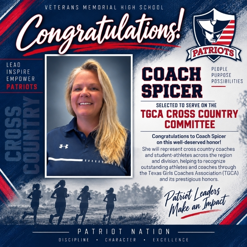 SAVeteransHS's tweet photo. 🏃‍♀️🏆 Congratulations to Coach Spicer on being selected to the TGCA Cross Country Committee! Proud to see Patriot leadership representing our region! ❤️🤍💙 

#PatriotsLead https://t.co/KUrKkHE1XH