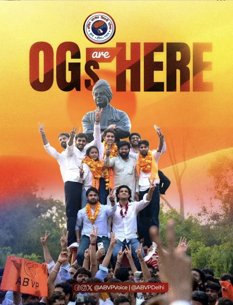 RitikKeshari_'s tweet photo. "It's done, bro. OGs are Here. ABVP once again".
देश का GENZ ABVP के साथ ।✌️
दिल्ली विश्वविद्यालय छात्रसंघ चुनाव में ABVP की प्रचंड जीत पर परिषद के सभी कार्यकर्ताओं और समर्थक को बधाई एवं शुभकामनाएं ।
छात्र शक्ति राष्ट्र शक्ति 🇮🇳🚩
विद्यार्थी परिषद 🚩
#DUSU2026 #DUSUElection #ABVP https://t.co/Cj9XdpCrRC