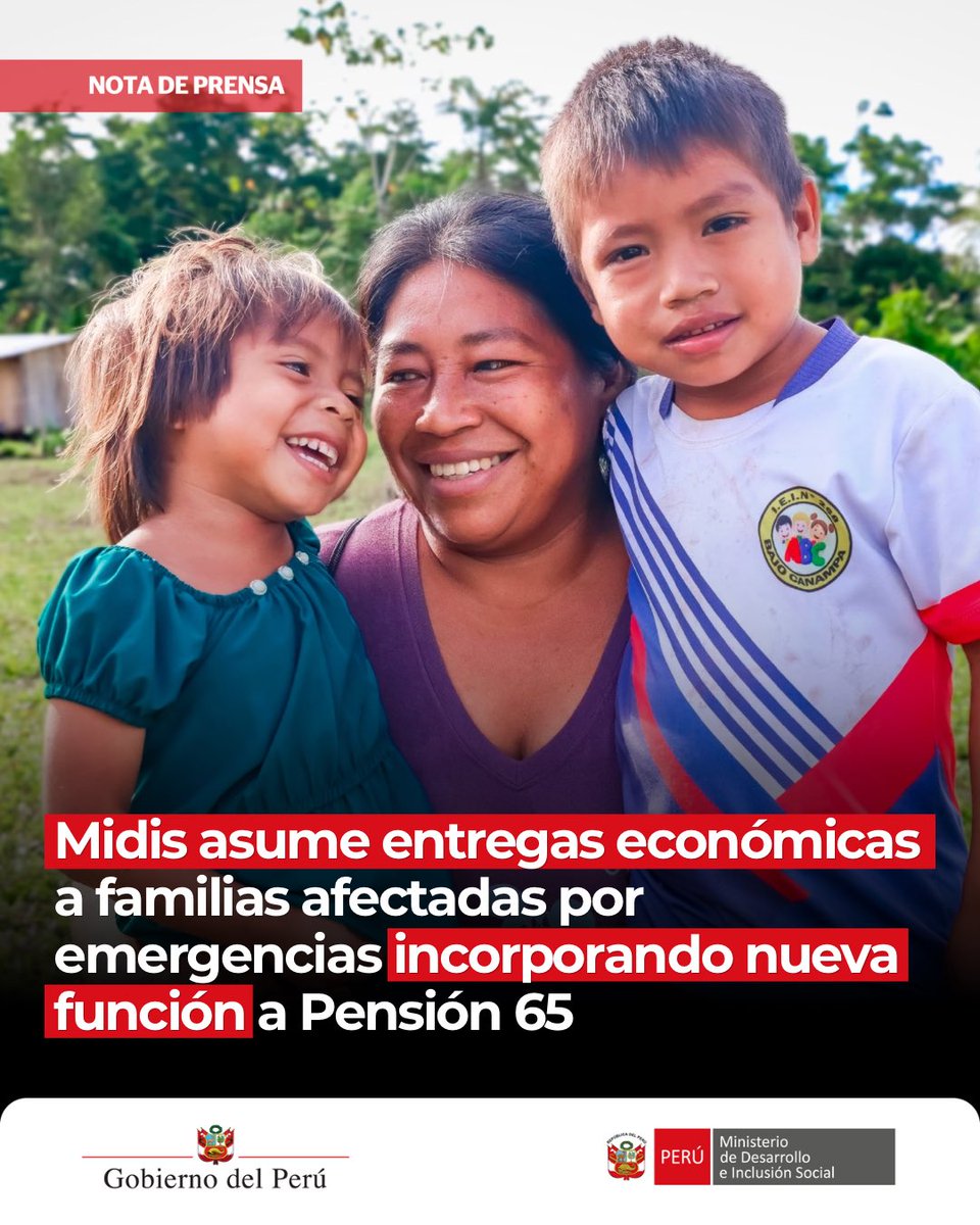 MidisPeru's tweet photo. 🛡️ @MIDIS_Pension65 suma una nueva función para responder ante situaciones de emergencia.

Además de continuar con la atención a sus usuarios, el programa del Midis podrá conducir la operatividad de entregas económicas para personas afectadas por emergencias.

📌 Importante: para recibir estas entregas no será necesario ser usuario de Pensión 65. Los beneficiarios serán determinados según los criterios establecidos para cada emergencia.

🔎 Conoce cómo funcionará esta nueva medida en nuestra #NotaDePrensa: https://t.co/MwJ1blQKhA

#MidisEnAcción #Pensión65