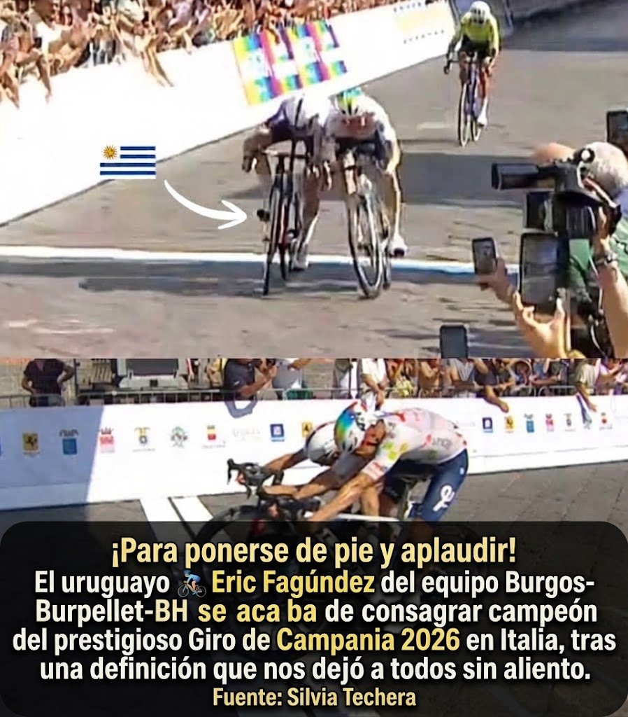 BuenasUruguay's tweet photo. 🇺🇾¡HISTÓRICO: URUGUAY EN LO MÁS ALTO DEL CICLISMO MUNDIAL! 
En un final de infarto absoluto sobre el pavé de las calles de Nápoles, el 🚴‍♂️pedalista charrúa metió un golpe de riñón agónico en la misma línea de meta.
+info: https://t.co/pyqDM8j5d0 https://t.co/naliAqlXn9