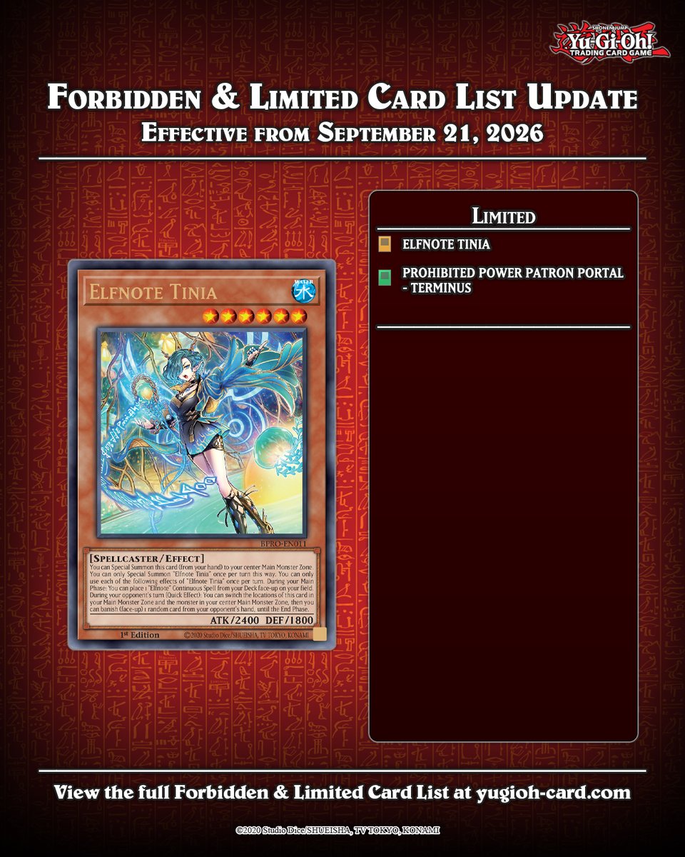 YuGiOh_TCG's tweet photo. ⚠️ Attention Duelists! ⚠️ Here are the upcoming updates to the #YuGiOhTCG Forbidden &amp; Limited List, effective September 21, 2026.

PLEASE NOTE: The changes to "Mind Master" and "Elder Entity Norden" from Forbidden to Unlimited do not take effect until September 28, 2026.
. https://t.co/g8mrMb0Ke6