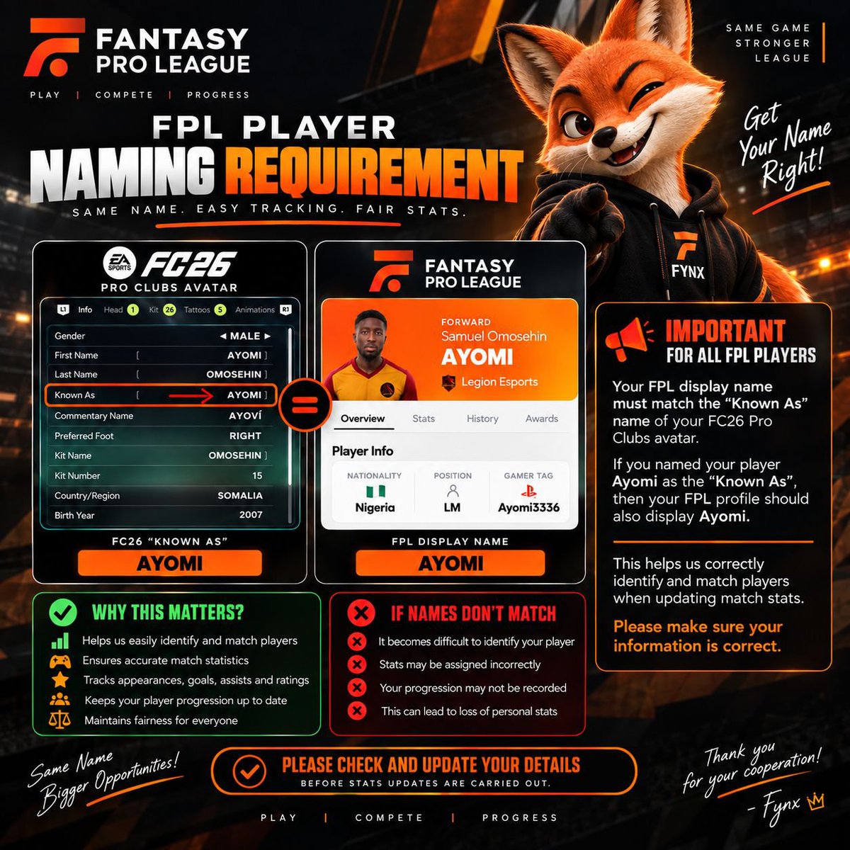 fpc_westafrica's tweet photo. ⚠️ ATTENTION ALL FPL PLAYERS! 🚨
​Get your name right! Your Fantasy Pro League display name MUST exactly match your FC26 Pro Clubs avatar’s "Known As" name.  
​✅ Why? Ensures accurate tracking of your stats, goals, assists, and progression!
❌ Mismatched names mean lost points and stats.  
​Update your details before the next stats update! ⚙️🎮