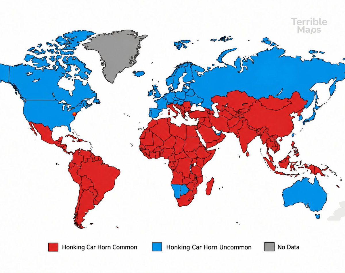 TerribleMaps's tweet photo. Where honking is common around the world https://t.co/rJhecmF27I