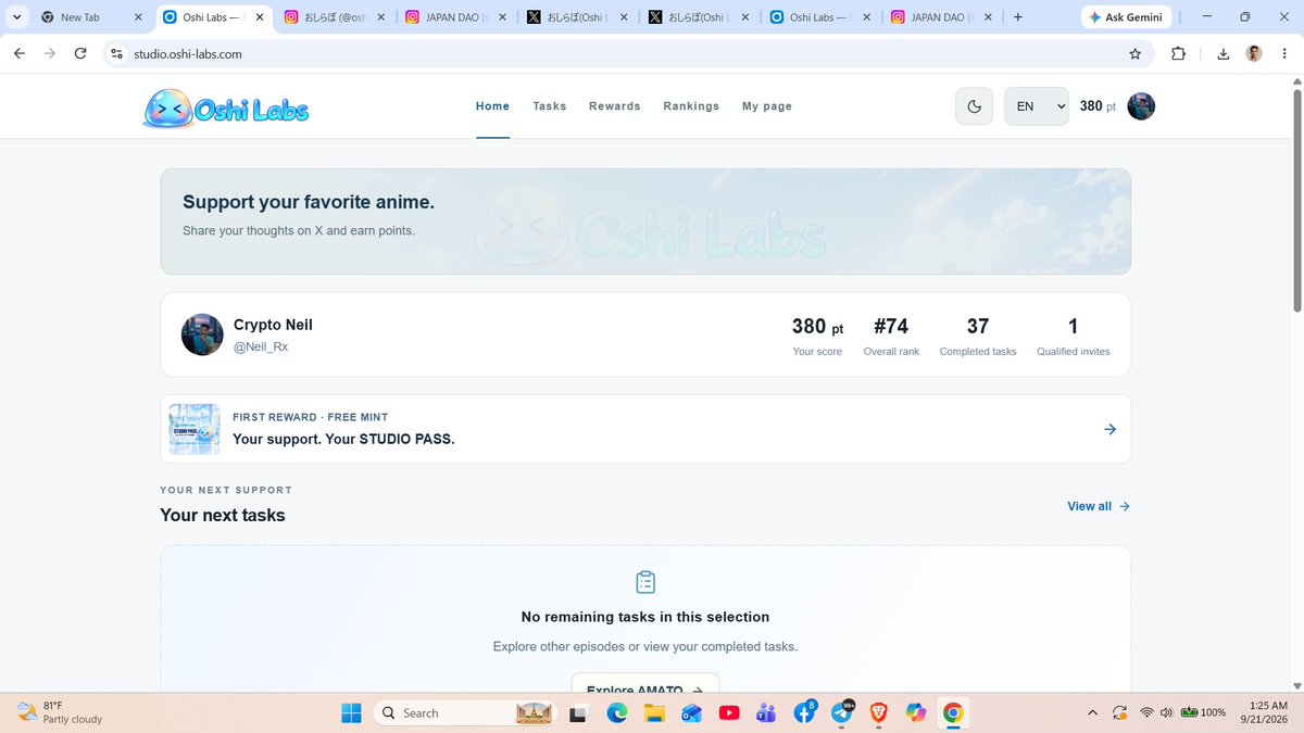 Neil_Rx's tweet photo. 🎁oshi Lab free Mint
💰Reward :- Oshi Studio NFT
➡️Evenet Link:- https://t.co/E68q4xMPS5
- Connect Twitter Account

- Complete Available Task
- Bind Solona Address
- Done @oshilabs https://t.co/SRKAFiAiic