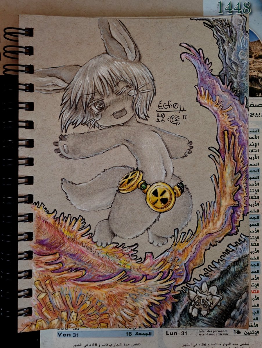 Echo_2010M's tweet photo. Thanks for supporting my art everyone! To celebrate reaching 100 followers, here is a painting of Nanachi full of fluff and sweet scent 🐰😋 You can also spot Faputa in the bottom right... and it looks like she’s searching for something..

#メイドインアビス
#ナナチ
#faputa 
#art https://t.co/iMAloieFub
