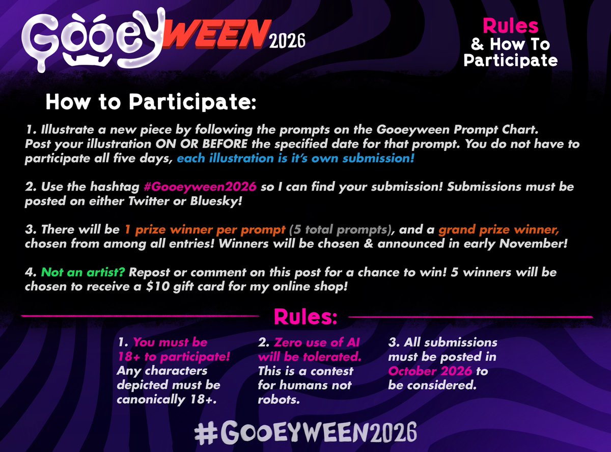 gooeycandy's tweet photo. 🎃 GOOEYWEEN is BACK with some spooky &amp; sexy new prompts!

🎁 Read the Prize Chart &amp; Rules to learn how you can participate and win!

🔁 Not an artist? Repost/Comment for a chance to win!

👻 Remember to tag #Gooeyween2026 so I can find your submission! 🔞18+ ONLY! ❌ NO AI! https://t.co/I56J4CItxu