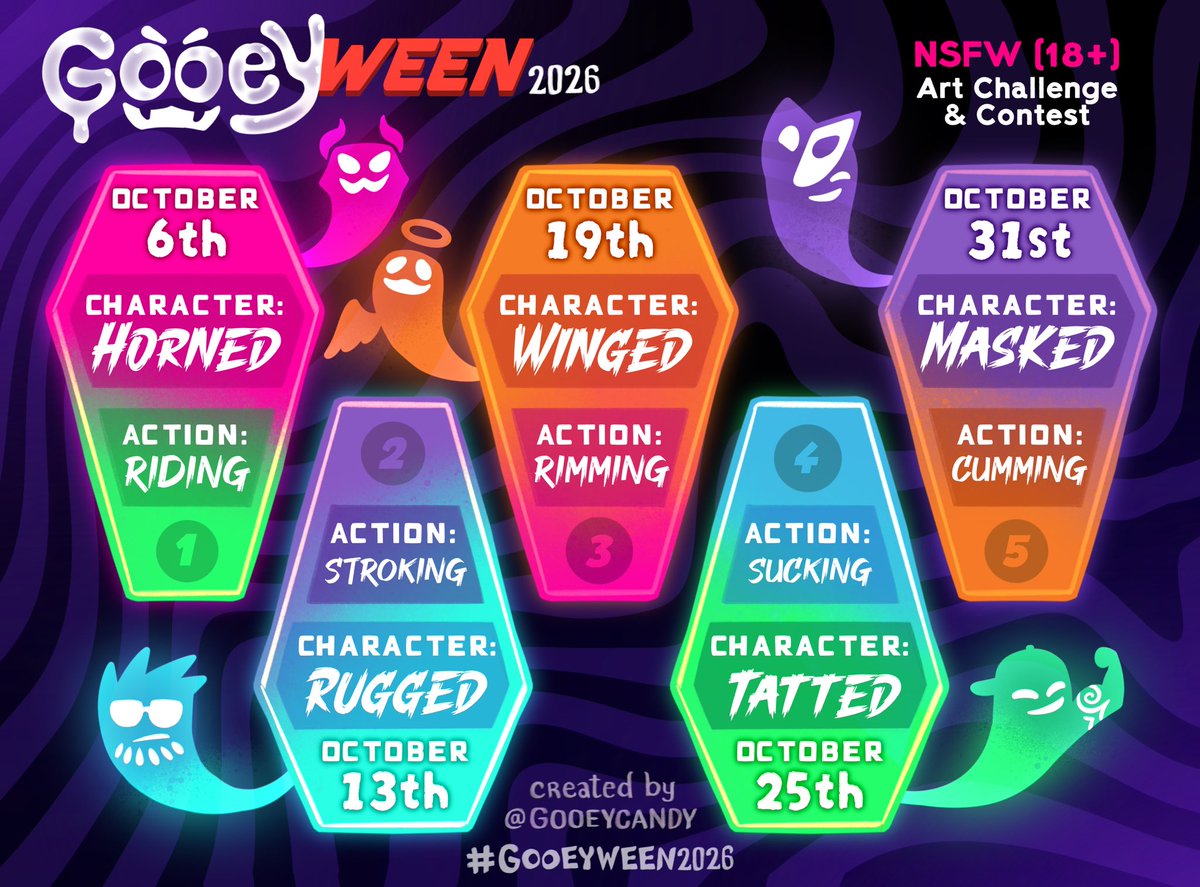 gooeycandy's tweet photo. 🎃 GOOEYWEEN is BACK with some spooky &amp; sexy new prompts!

🎁 Read the Prize Chart &amp; Rules to learn how you can participate and win!

🔁 Not an artist? Repost/Comment for a chance to win!

👻 Remember to tag #Gooeyween2026 so I can find your submission! 🔞18+ ONLY! ❌ NO AI! https://t.co/I56J4CItxu