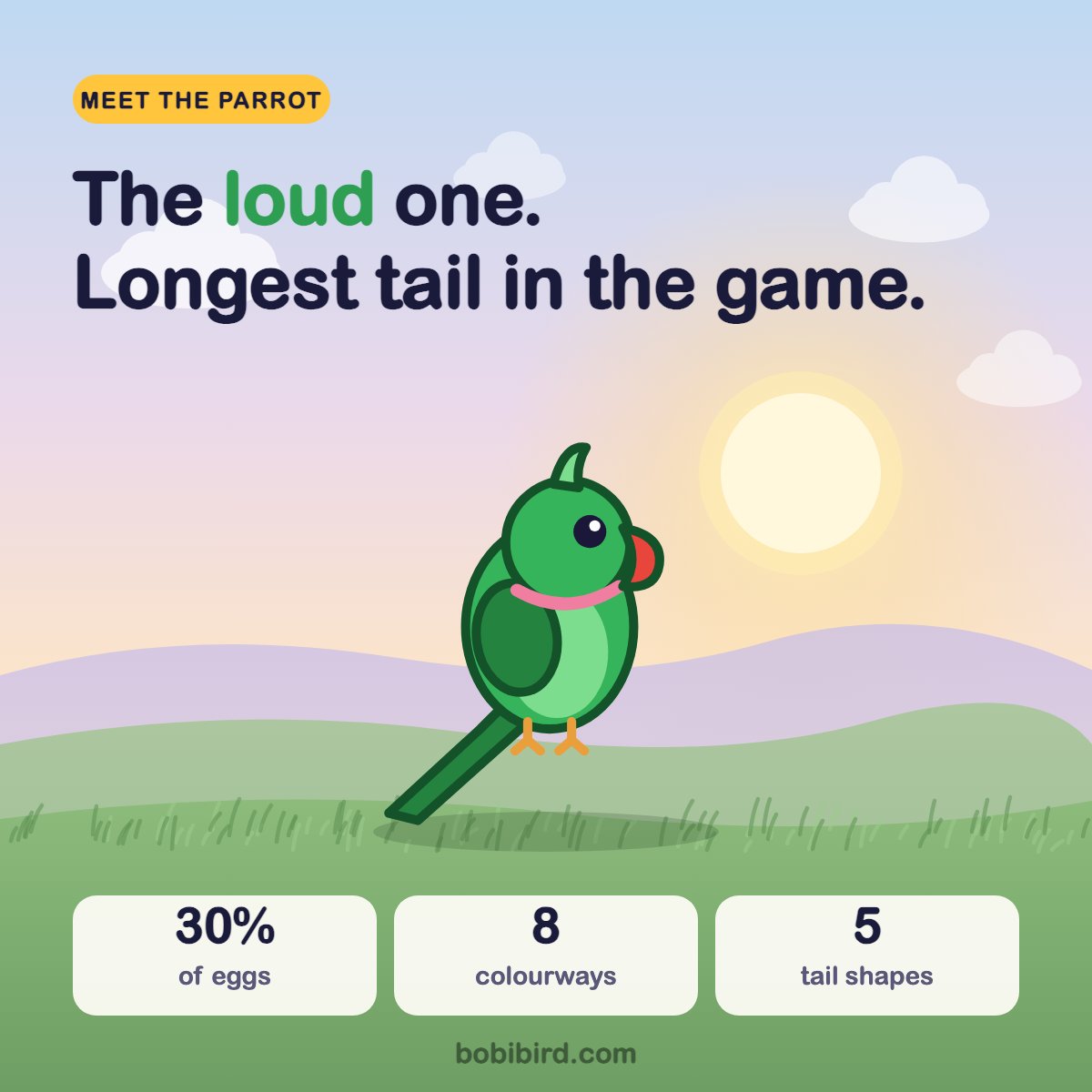 bobibirdcoin's tweet photo. Meet the Parrot.

Three eggs in ten. Not the rarest bird you could hatch, but easily the hardest to ignore: the longest tail in the game and no interest at all in sitting quietly.

Eight colourways. Five tail shapes.

https://t.co/P2hbdvfwJo

#Solana #SolanaGaming #Web3Gaming #NFTGaming