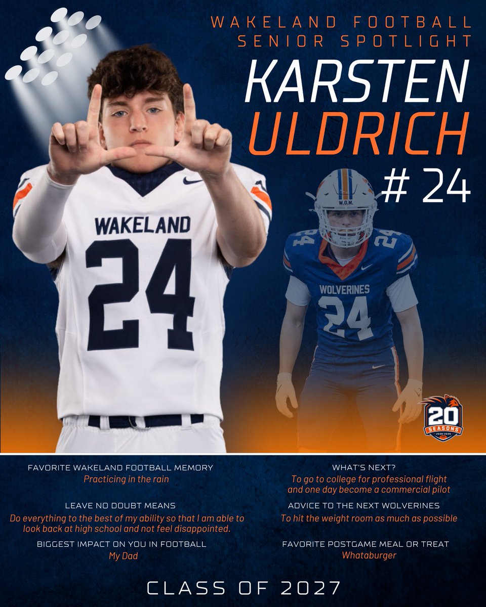 WakelandFTball's tweet photo. SENIOR SPOTLIGHT — #24 Karsten Uldrich 🏈 

For him, #LND means doing everything to the best of his ability so he can look back with no regrets.
His advice to the next Wolverines: get in the weight room 💪 

#WEoverme https://t.co/T2Wrbq680B