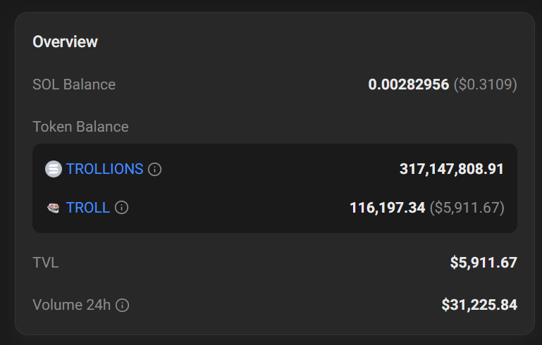 TrollionsTroll's tweet photo. Looks like @dexscreener messed it up adding the pair or something (showing @MeteoraAG and $SOL). You literally had one job...🤣

You can see $TROLLIONS pool is on @Raydium and paired to $TROLL. Will correct, but everything on-chain is fine.

Rewards are queued on @LaunchOnSF . https://t.co/yoO3NaqEWO