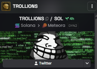 TrollionsTroll's tweet photo. Looks like @dexscreener messed it up adding the pair or something (showing @MeteoraAG and $SOL). You literally had one job...🤣

You can see $TROLLIONS pool is on @Raydium and paired to $TROLL. Will correct, but everything on-chain is fine.

Rewards are queued on @LaunchOnSF . https://t.co/yoO3NaqEWO
