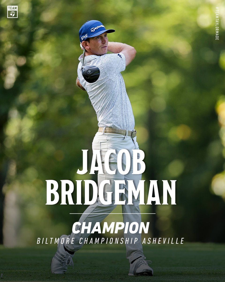 TaylorMadeGolf's tweet photo. Two-time winner in 2026! 🏆

@JacobBridgeman1 gets it done at the Biltmore Championship in Asheville after shooting a final-round 61 (-10)! He gained +3.22 strokes off the tee and erased a five-shot deficit on Sunday to add another trophy to the collection. #Qi4D #TeamTaylorMade https://t.co/bjXfprbHTy