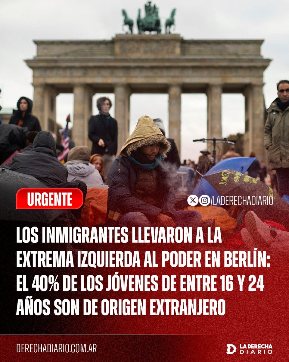 laderechadiario's tweet photo. 🚨🇩🇪 | EL PLAN MAESTRO DE LOS ZURDOS: LOS INMIGRANTES LLEVARON A LA EXTREMA IZQUIERDA AL PODER EN BERLÍN

La capital alemana concentra una alta proporción de población de origen extranjero, especialmente entre los jóvenes: en el grupo de 16 a 24 años, más del 40% es de origen extranjero.

La izquierda se impuso en Berlín tras acumular el 52% de los votos entre Die Linke (25,1%), los Verdes (14,9%) y los socialdemócratas del SPD (12%), alcanzando los números necesarios para formar gobierno en la capital alemana.