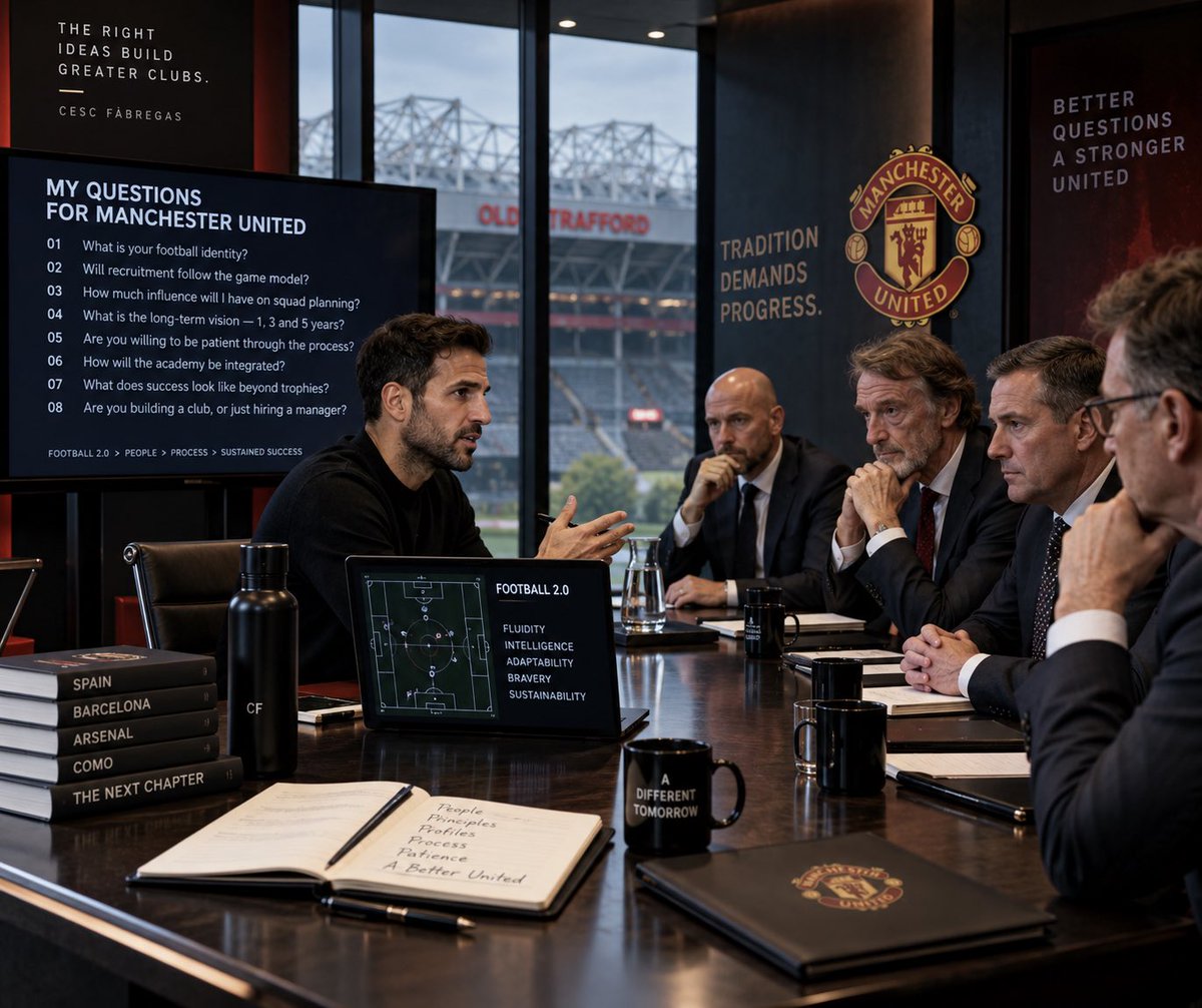 TFSJournal's tweet photo. MANCHESTER UNITED AND FOOTBALL 2.0

The search for a revolutionary — a case for Cesc Fàbregas.

Manchester United have spent more than a decade searching for their way back.

Perhaps back is the problem.

Football is evolving. Elite teams increasingly operate through multiple structures, rotations, pressing triggers, rest-defence calculations and players capable of solving changing problems in real time.

If traditional tactical football was algebra, Football 2.0 is beginning to resemble algorithmic calculus.

The equation changes while you’re solving it.