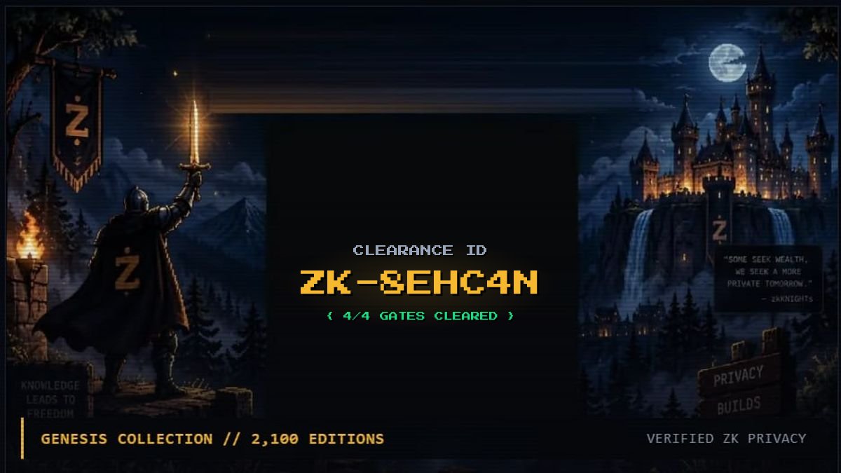 Jaslicaa's tweet photo. Application submitted to @zkKnights_  

{ 4/4 gates cleared } ████

Awaiting entry into the Kingdom - Privacy needs guardians.

Ready to guard privacy on Zcash ⚔️ https://t.co/AI5juoBuMx https://t.co/Qh1bV24ekc