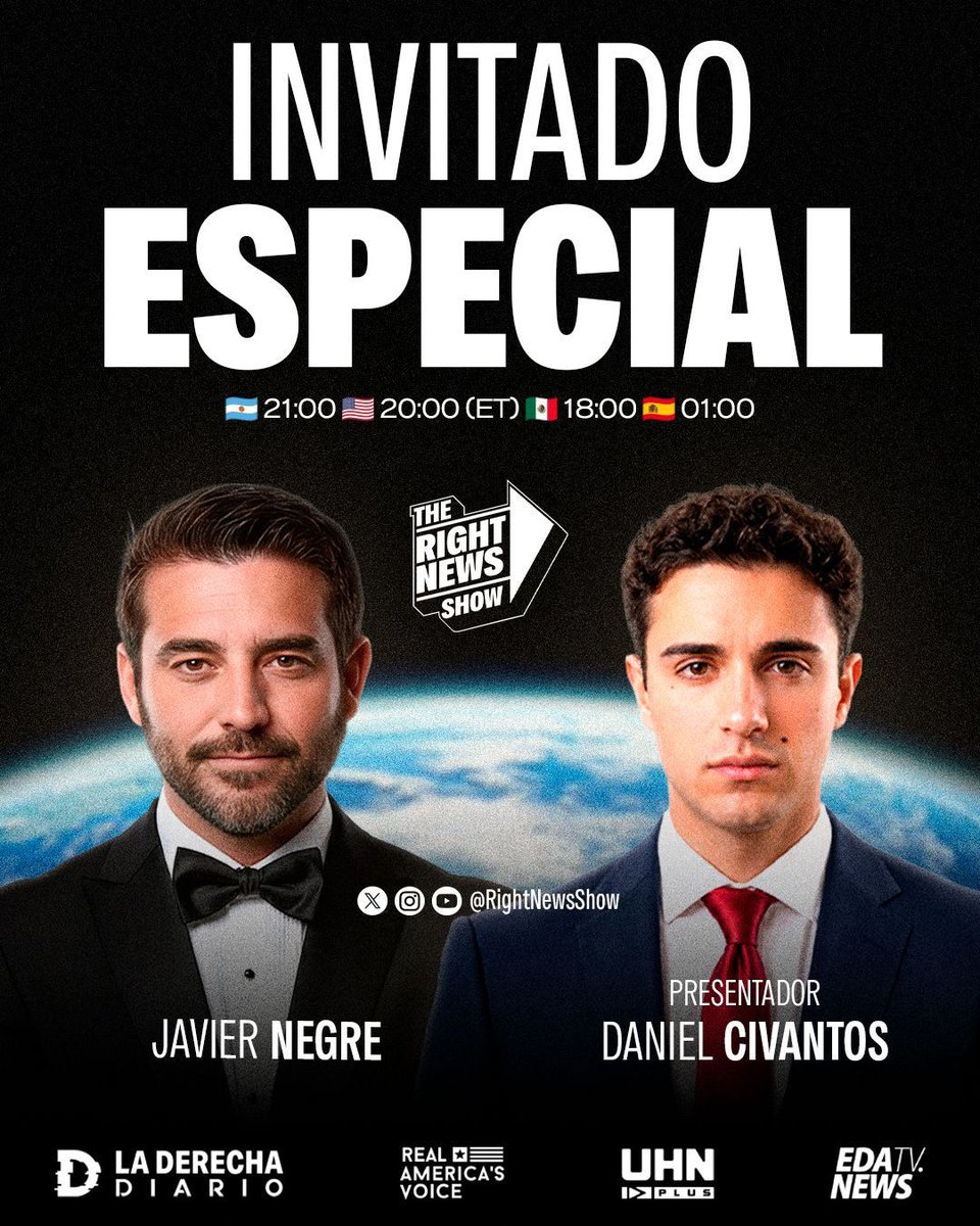 edatvoficial's tweet photo. 🌎🇪🇸 | INVITADO DE LUJO: El director del grupo EDATV, Javier Negre, participará del nuevo episodio de The Right News Show, el programa anticomunista presentado por Daniel Civantos.

NO TE LO PIERDAS: Esta noche 21:00 (🇦🇷) 20:00 (ET 🇺🇸) 18:00 (🇲🇽) 01:00 (🇪🇸). https://t.co/nkjuX23FjQ