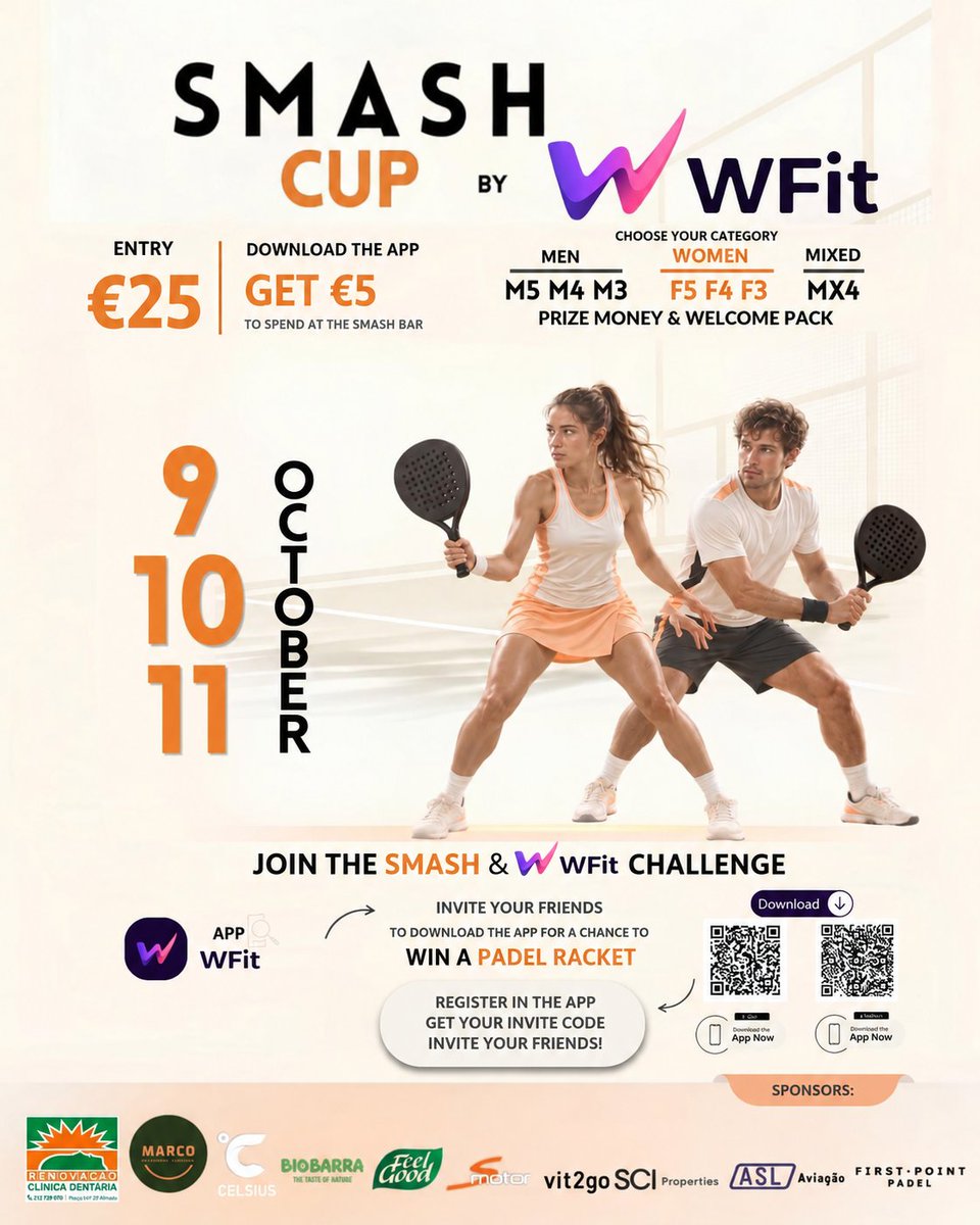 WalkersCNFT's tweet photo. 🎾🔥 WFit is hitting the court!

SMASH CUP by WFit

📅 October 9–11
📍 Smash Padel Club, Almada, Lisbon area 🇵🇹

Three days of padel, prizes & community! Grab your partner and get ready to SMASH IT! 🏆💜

📝 Want to join? Fill out the registration form:
https://t.co/WzZ3rQkri5 

🤝 Huge thanks to our sponsors:

- Renovação Clínica Dentária
- MARCO
- Celsius
- Biobarra
- Feel Good
- SMotor
- vit2go
- SCI Properties
- ASL Aviação 
- First Point Padel

Let’s show everyone how Walkers moves - on and off the court! 💜