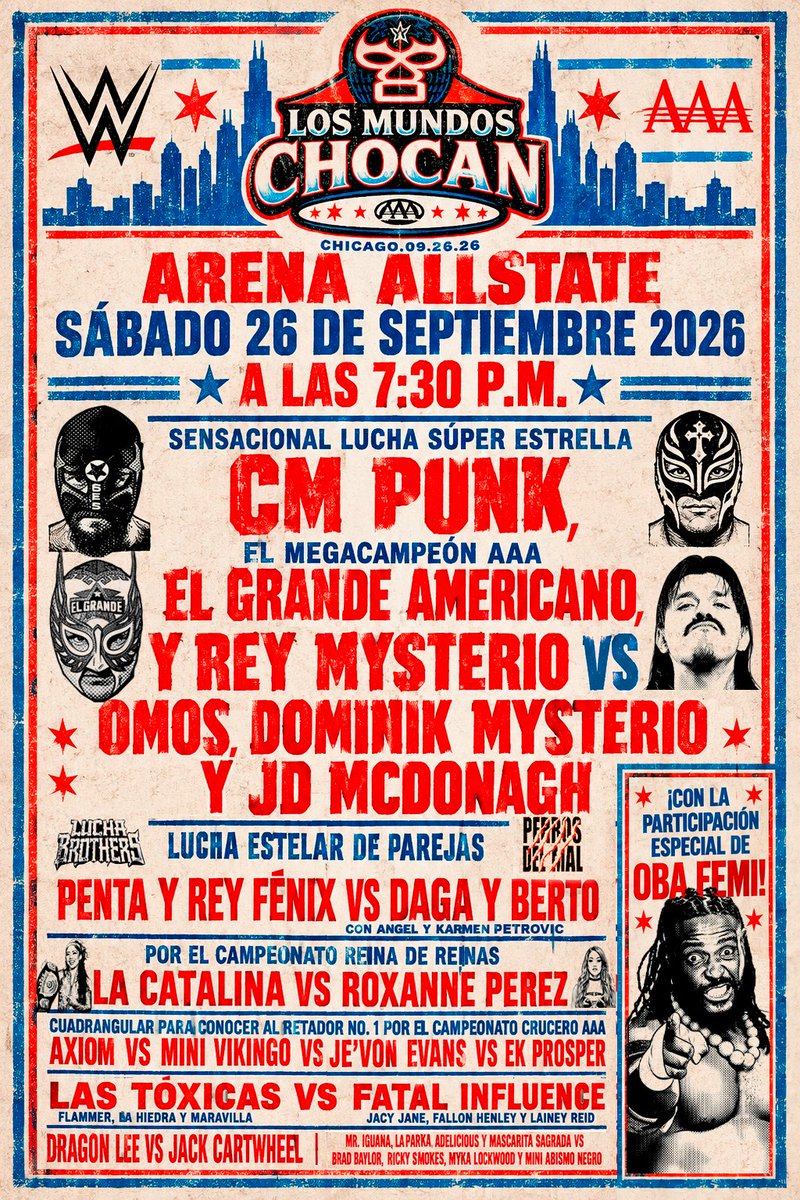 jmguillent's tweet photo. 🔥 Así será la cartelera de #WorldsCollide 🤼 
📅 Sábado 26 de septiembre 
🏟️ @AllstateArena 
📍 Chicago, IL.

@WWE 
@luchalibreaaa 
@WWENXT 
@wweespanol https://t.co/yctBdWkQid