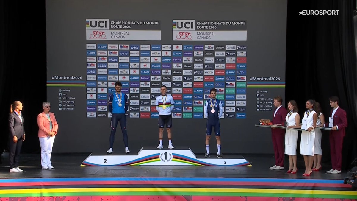 LeGruppetto's tweet photo. Le podium du championnat du monde de contre-la-montre à #Montreal2026 :

🥇Remco Evenepoel - 26 ans - 🇧🇪
🥈Filippo Ganna - 30 ans - 🇮🇹
🥉Paul Seixas - 19 ans - 🇫🇷 https://t.co/WWthHgqVUt