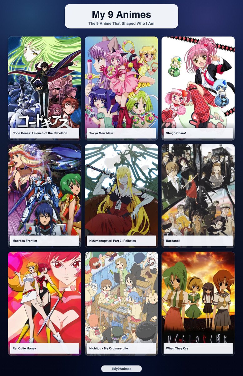 agtroadkillvt's tweet photo. The 9 anime that shaped me! 

I’ve watched 200+ titles since age 7 and still need to update my MAL account 🤔 but these 9 (and series they’re in) are the ones that I think formed the possum you see before you! https://t.co/8F2U6HCs33