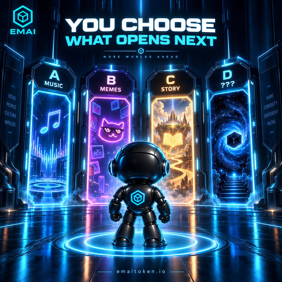 Emai_token's tweet photo. Four doors.
You choose which one we open next. π
π§ A β More music
π B β Meme challenge
π€ C β More AskEmai story
π D β Something new we're designing
Reply A, B, C or D.
π https://t.co/0ieLNEXZlD
#AskEmai #Community #EMAI https://t.co/4mBHKMcMYx