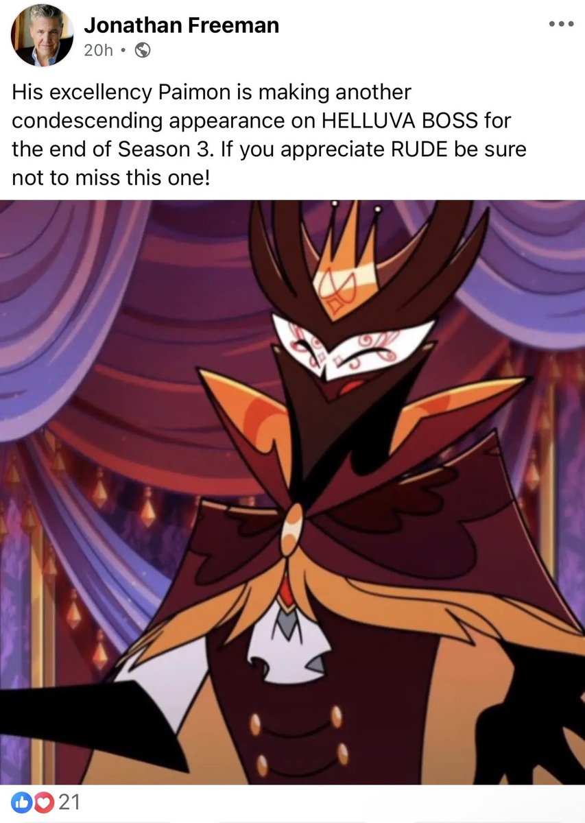 nesspenguin89's tweet photo. It’s just so random that Jonathan Freeman is posting this on Facebook 😂
(Also Paimon possible appearance towards the end of S3 of HelluvaBoss, interesting 👀👀👀)
#HelluvaBoss https://t.co/mueWaH76IT