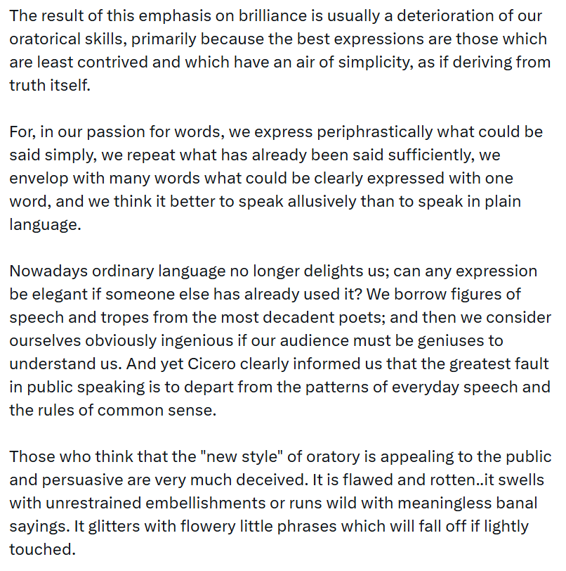 lefineder's tweet photo. Roman rhetorician Quintilian criticizing the 'new style' of oratory in his time, which promoted flowery and complicated language over simple and direct language: https://t.co/XcBCOm7Wzj