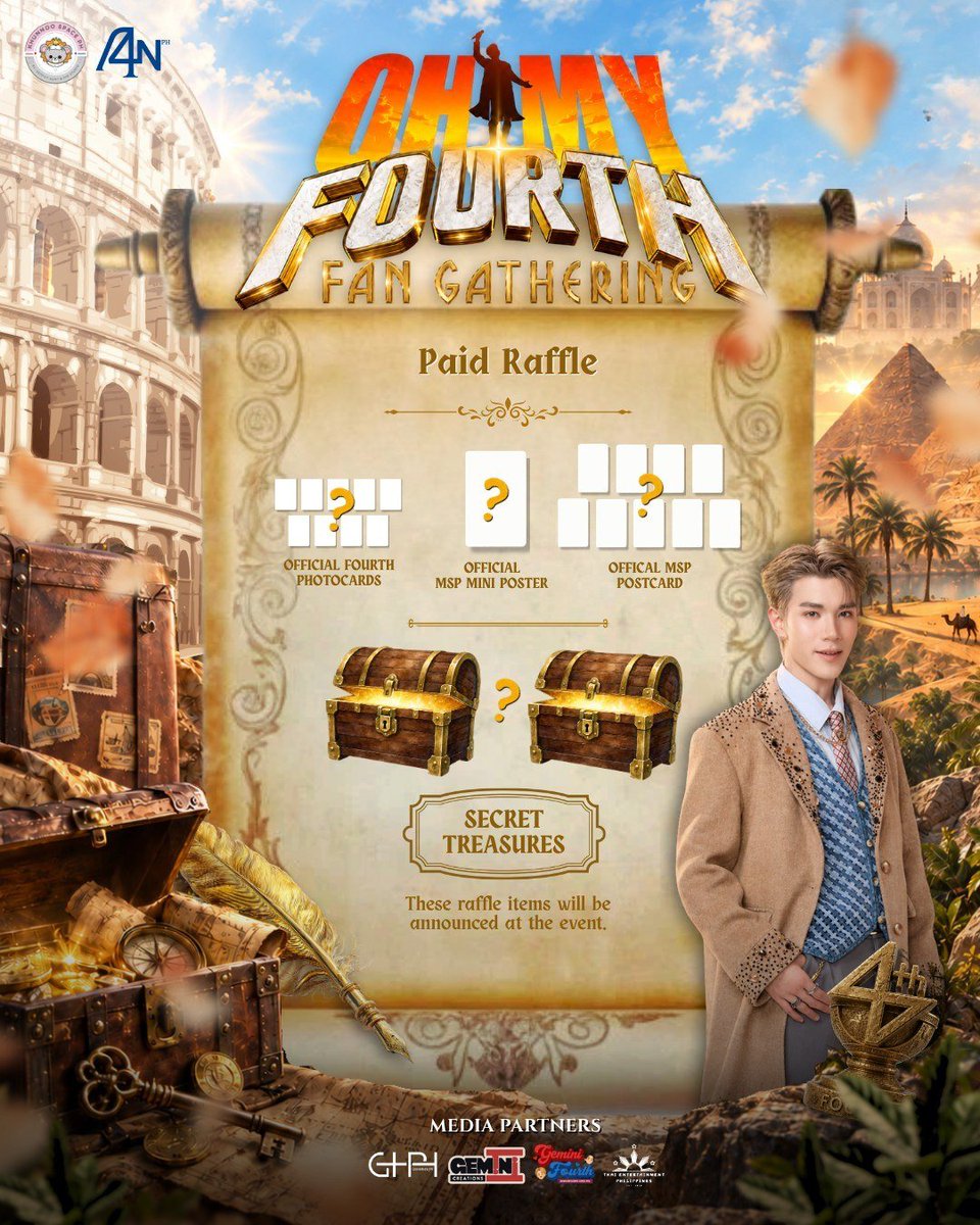 khunnoospaceph's tweet photo. 🗺️✨ TREASURES AWAIT AT THE OMF FAN GATHERING! 

Registered attendees, get ready for our exciting Paid Raffle and the chance to take home amazing treasures!

🎟️ Attendees may purchase a maximum of four raffle tickets at the registration booth during the event.

Every raffle entry is also a chance to support a meaningful cause, as 50% of the proceeds from our paid raffle will go to Share the Light: Fourth Nattawat Birthday Donation Drive in support of Team Hiraya PH’s Project Gabay. 🌟

Join the fun, uncover hidden treasures and help us brighten a child’s day!

📅 October 18, 2026
📍 OH MY FOURTH Fan Gathering

#FourthNattawat #โฟร์ทณัฐวรรธน์ #OHMYFOURTH #ShareTheLight
