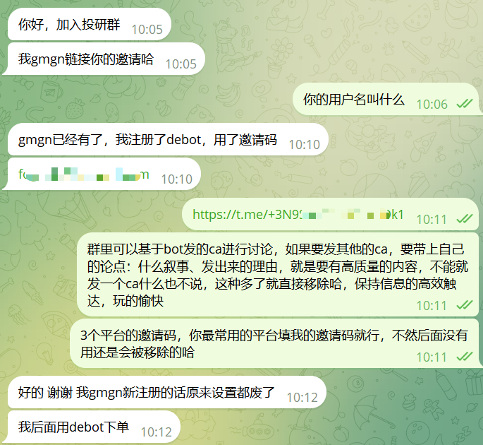 wang202688's tweet photo. 自动扫链省心很多，扫一眼叙事就知道能不能上了

我的全自动投研群运营一段时间了，也进来了一些车头和KOL，比如james猴哥、海豚哥等

现在已经增加成了3条链，RH、bsc、sol，超过100k就自动推送叙事和地址分析，不用自己扫链，上班族也能玩Meme，主打一个省心

进群不收费，但是还是要有门槛，设置了3个方式，针对不同的人群

1.返佣邀请码
我知道很多人还在亏钱甚至负债在玩，所以群不用付费，填个邀请码，可以交易量低，完全没关系，我赚个1u 2u的也行，覆盖一下服务器和token的费用，但是不要注册个新的不用，欺骗我，这种就没意义了，被移除了也没关系，后面想进了再根据我的3个进群条件再进来也ok的，总之不要骗我就行。

2. 如果x有3000粉丝以上，转发本条帖子，然后在x私信我，我直接拉你进群，交个朋友~

3. 如果不想填返佣的话，可以付费，不过我的群也没有付费计划，看着给，交个朋友

0x8a9fda392237ca90b6becca441d4aa697e388488
 支持bsc、Robinhood、eth

进群联系：https://t.co/zGNjDoSqHw