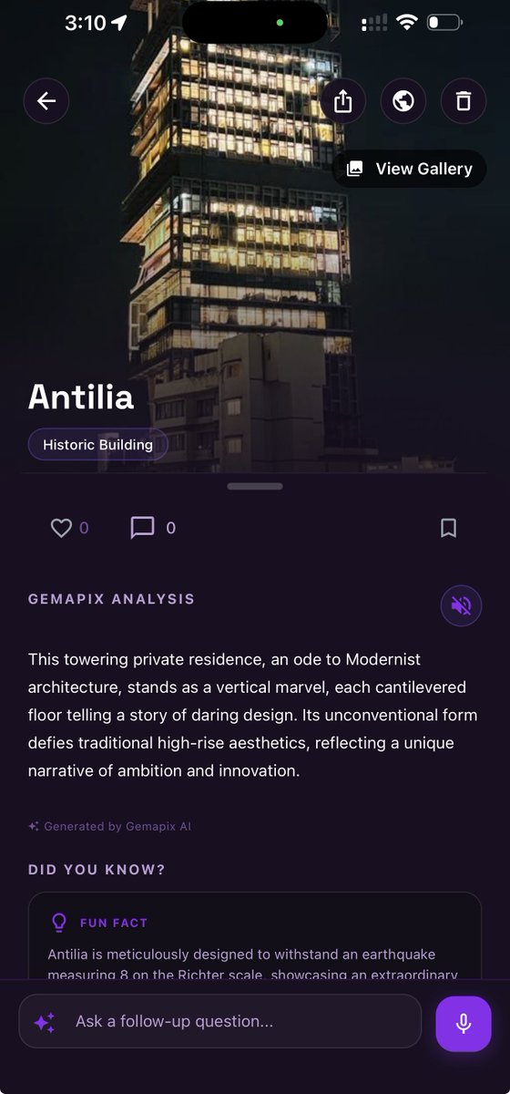 gemapix_app's tweet photo. @baxirahul Gemapix says it's Mukesh Ambani's modest 27-story starter home in Mumbai 😅
Testing an app that identifies weird urban architecture:
https://t.co/U8XhiuEBl8 https://t.co/mU74g9nbK6
