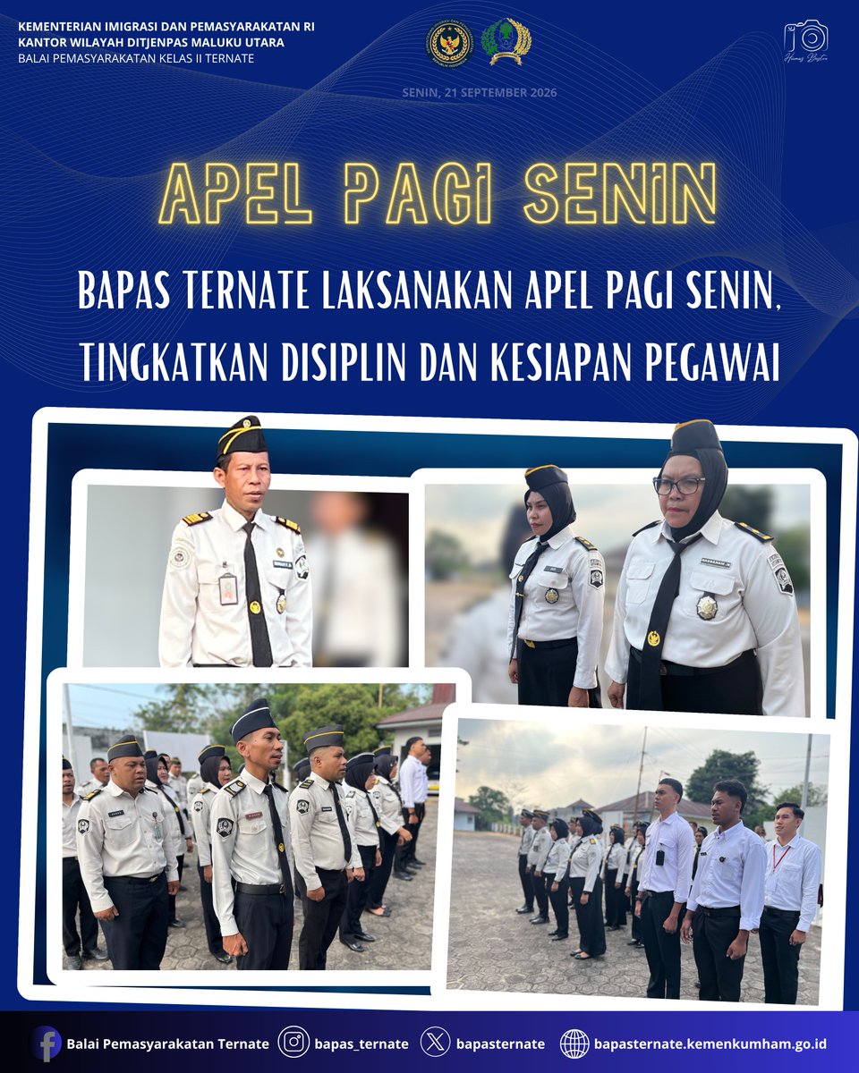 bapasternate's tweet photo. Bapas Ternate Laksanakan Apel Pagi Senin, Tingkatkan Disiplin dan Kesiapan Pegawai

#kemenimipas
#guardanguide
#infoimipas
#bapasternate
#humasbapasternate https://t.co/c63SGMf1tu