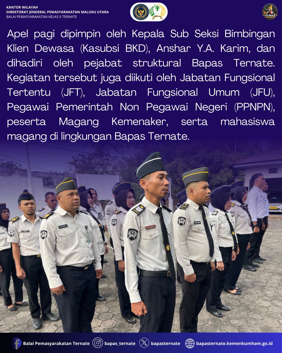 bapasternate's tweet photo. Bapas Ternate Laksanakan Apel Pagi Senin, Tingkatkan Disiplin dan Kesiapan Pegawai

#kemenimipas
#guardanguide
#infoimipas
#bapasternate
#humasbapasternate https://t.co/c63SGMf1tu