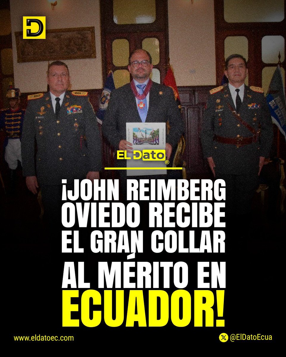 ElDatoEcua's tweet photo. #Urgente #Urgente ¡JOHN REIMBERG OVIEDO RECIBE EL GRAN COLLAR AL MÉRITO EN ECUADOR!

John Reimberg Oviedo fue condecorado por la Casa Militar con el Gran Collar al Mérito. Tras recibir la distinción, destacó el significado del reconocimiento expresando:  

"Yo la recibo, pero detrás de ella está el trabajo de miles de hombres y mujeres que todos los días entregan lo mejor de sí por el Ecuador. Están nuestras fuerzas de orden que cada día se la juegan por el país."

@ElDatoEcua👈

#ElDato #Ecuador #Reimberg