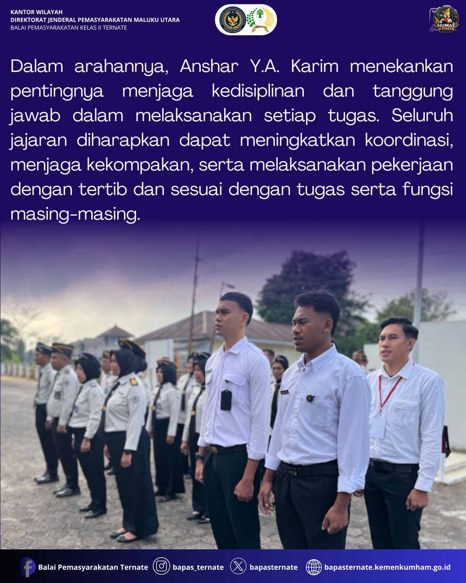 bapasternate's tweet photo. Bapas Ternate Laksanakan Apel Pagi Senin, Tingkatkan Disiplin dan Kesiapan Pegawai

#kemenimipas
#guardanguide
#infoimipas
#bapasternate
#humasbapasternate https://t.co/c63SGMf1tu
