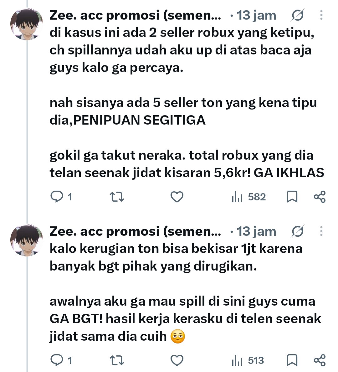 kazeharya's tweet photo. @dualogdua bisa di baca yaa, habis nipu seller robux dia juga nipu seller ton. kisarannya segitu kalo ga salah https://t.co/iF3cDYxvSK