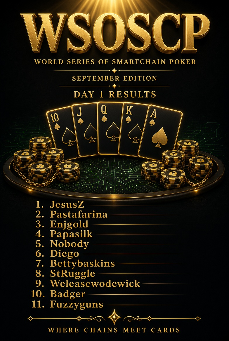 SmartchainPoker's tweet photo. ⏰ WSOSCP Day 2 -> Monday September 21, 9PM UTC.

Be there!! 🤠♠️

https://t.co/vsPWZDX1oP https://t.co/lFOnCPT265