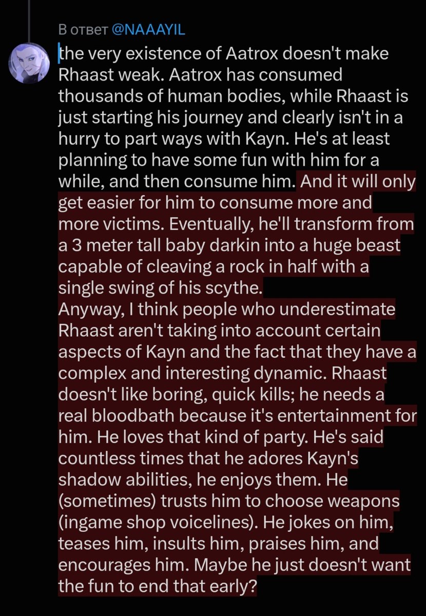 themongmongie's tweet photo. @NAAAYIL the very existence of Aatrox doesn't make Rhaast weak. Aatrox has consumed thousands of human bodies, while Rhaast is just starting his journey and clearly isn't in a hurry to part ways with Kayn. He's at least planning to have some fun with him for a while, and then consume him. https://t.co/P933r8dNtW