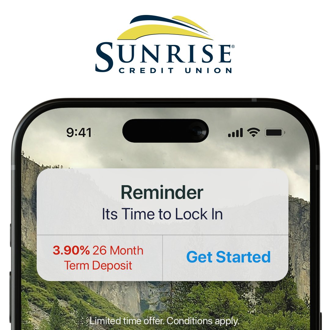 SunriseCU's tweet photo. REMINDER: It's time to lock in on our limited time offer: 3.90% on a 26 month term deposit. 

Lock it in! https://t.co/UNw2iiGtr2

Limited time offer. Conditions apply. https://t.co/adCGSbun62