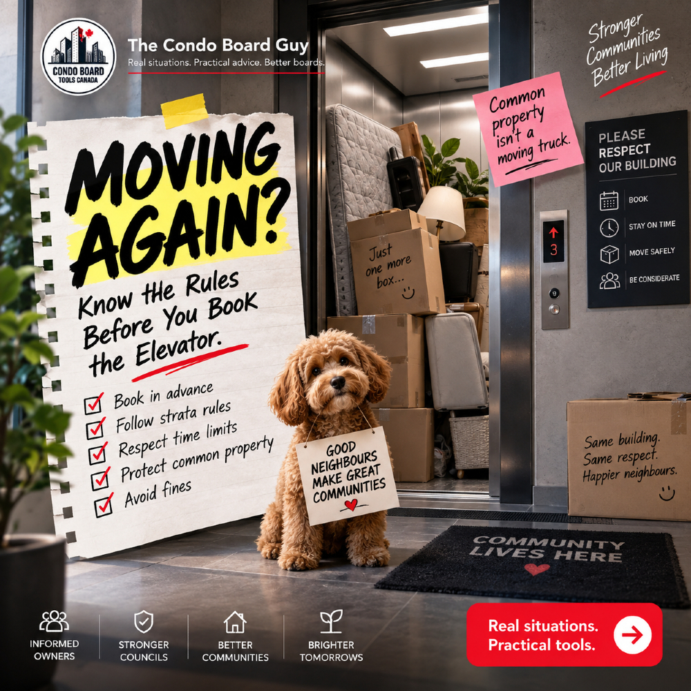 CondoBoardCA's tweet photo. Moving in or out of a strata? Check the building rules before moving day: elevator bookings, permitted hours, deposits/fees and common-property protection can vary by strata. A little planning can prevent a stressful move and neighbour disputes. #BCStrata https://t.co/TXUqLuJvrv