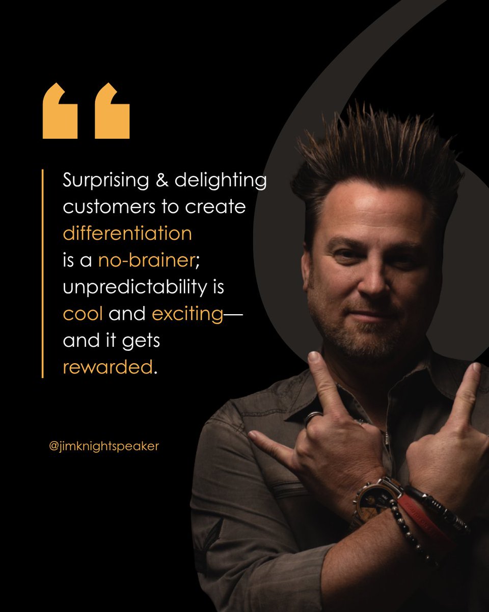 KnightSpeaker's tweet photo. Want to stand out? Stop being so predictable. 

The brands people remember are the ones that find ways to surprise them, delight them and give them an experience they weren’t expecting.

Different gets noticed. Different gets remembered. And different gets rewarded. https://t.co/XTCvaVndwB