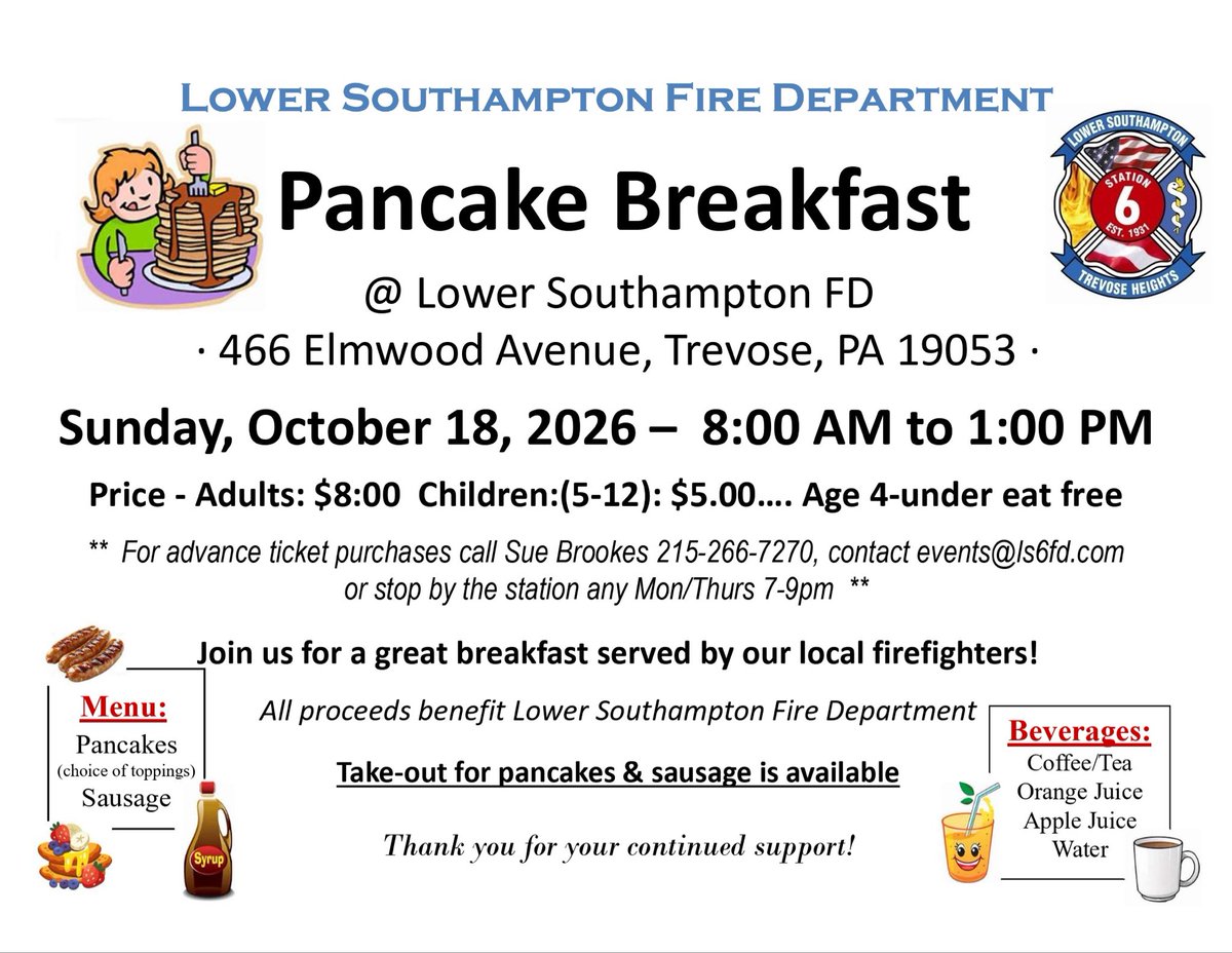 LS6FD's tweet photo. Sun, Oct 18, 2026 – 8:00 AM to 1:00 PM 
Adults: $8 Children:(5-12): $5 Age 4-under eat free  For advance ticket purchases call Sue Brookes 215-266-7270, contact events@ls6fd.com or stop by the station Mon/Thurs 7-9pm Join us for a great breakfast served by our local firefighters https://t.co/zq5UdY79Pj