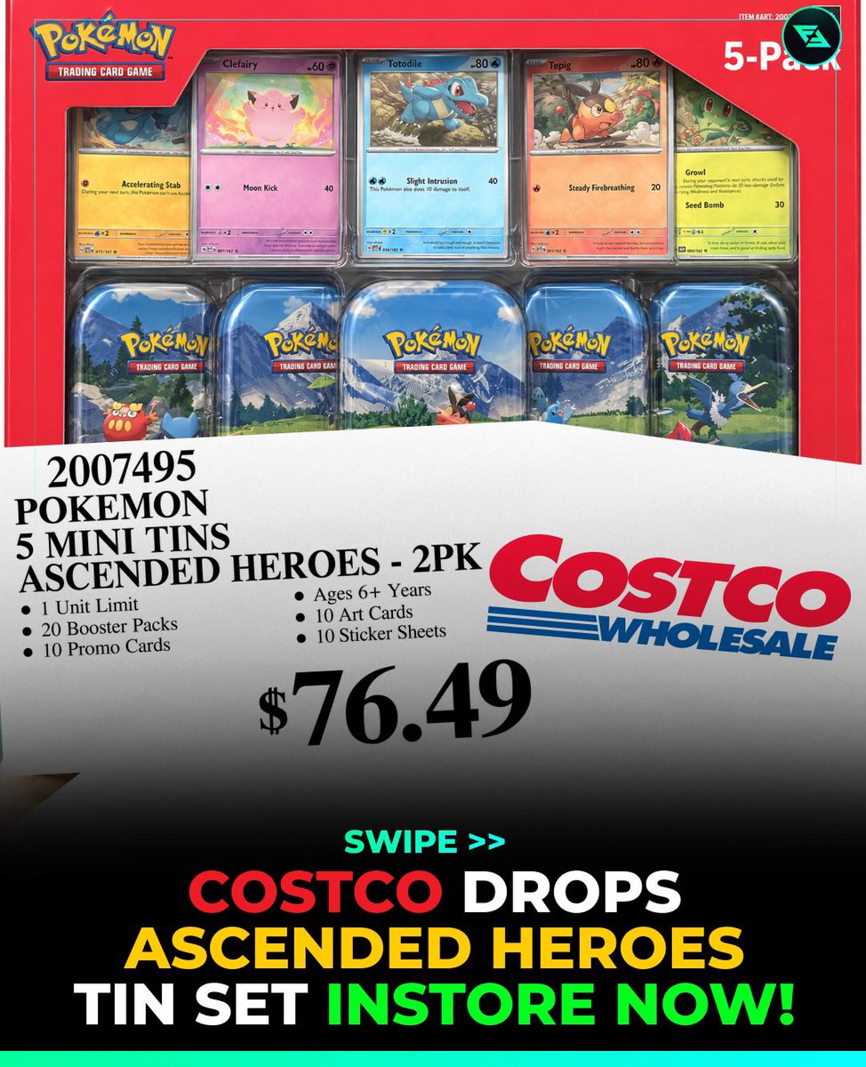 FlipFlip's tweet photo. Costco has started to release Pokemon Ascended Heroes Mini Tins (10 tins in 1 box) for $76.49 each 🔥 FlipFlip Pro Members have already started to find them from the daily stock checker channel inside my bio 🤝

Between these and the Ascended Heroes ETB you can find both of these in your locations for excellent MSRP prices! 🚨