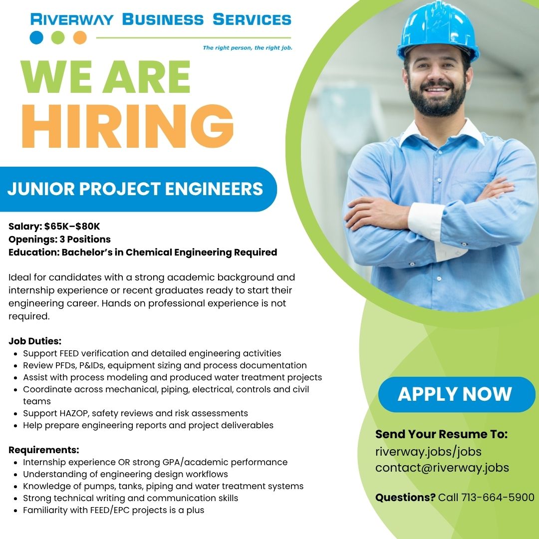 RiverwayJobs's tweet photo. No experience? No problem!
We’re hiring 3 Junior Project Engineers! Recent Chemical Engineering grads with a strong GPA or internship experience are encouraged to apply.
Apply: https://t.co/BFxJImixNX
#NowHiring #EngineeringJobs #ChemicalEngineering #NewGradJobs #ApplyToday https://t.co/Fl3YXTmWq8
