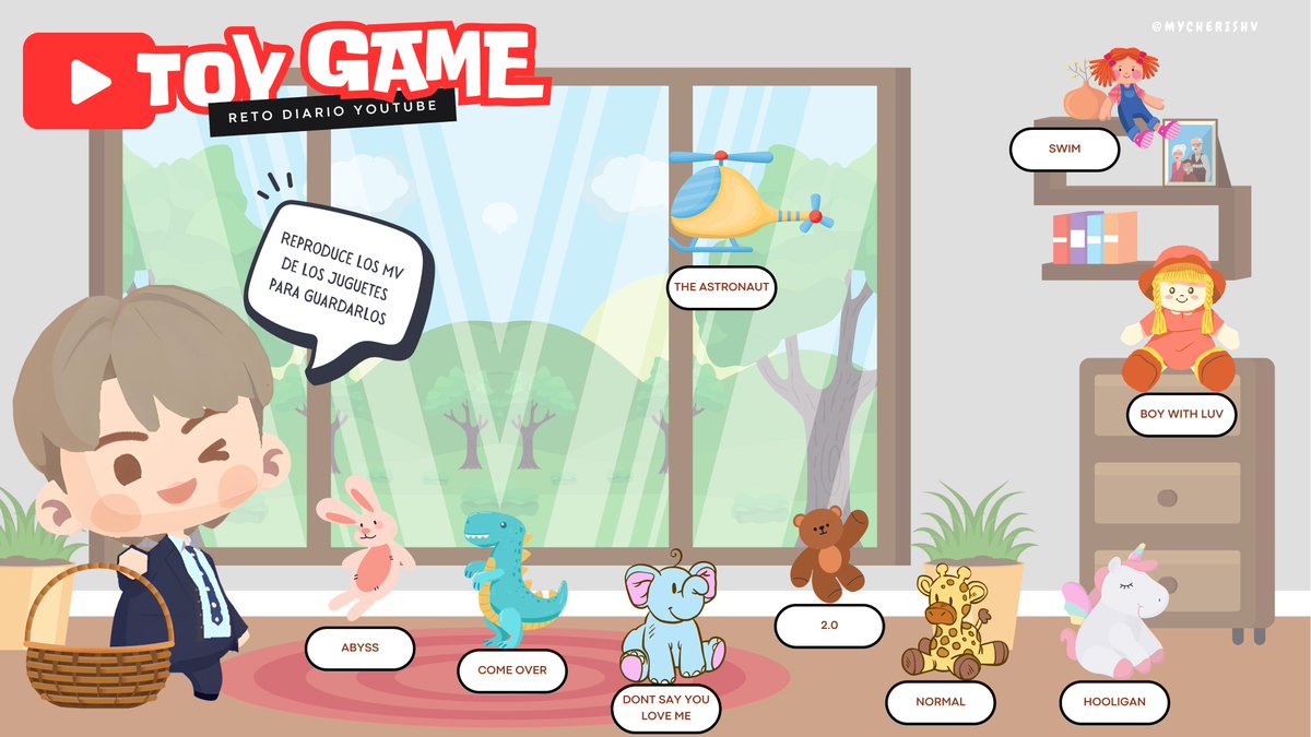 mycherishv_'s tweet photo. 🧸 | TOY GAME 

¡ARMY, es hora de jugar! 🕹️

—Los juguetes están fuera de lugar y necesitan volver a su sitio. 🧸

Reproduce los MVs correspondientes a cada juguete para poder guardarlos y completar la dinámica🎶

🎧 ¿Quieres complementar el reto?
— También puedes participar utilizando las playlists de BORAMAP 04 para continuar tu stream durante el día. 
🔗 https://t.co/t6nahyJgqa 

Completa el reto y comparte tu progreso. 💜

#ARMYonYoutube #StreamForBTS