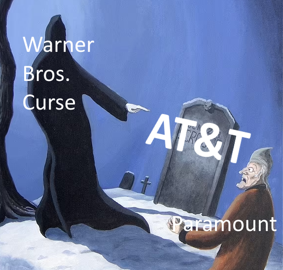 KaiMvla's tweet photo. Warner Bros. Curse pointing at AT&T to Paramount as warning.
#SaveWarnerBros #SaveWB #BlocktheMerger #StoptheMerger #NoConcessions #NoMoreMonopolies https://t.co/cem3156nBq