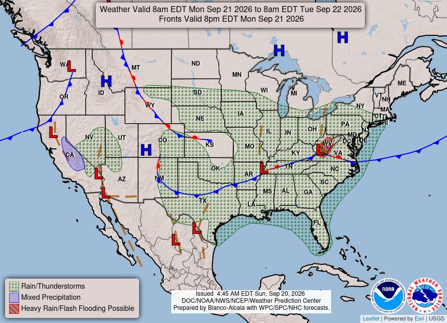 U.S. forecast map valid Sep 21, 2026 showing widespread rain and thunderstorms across the central and eastern states, frontal boundaries with highs/lows, mixed precipitation in parts of the West, and shaded areas indicating possible heavy rain/flash flooding in the Mid‑Atlantic.