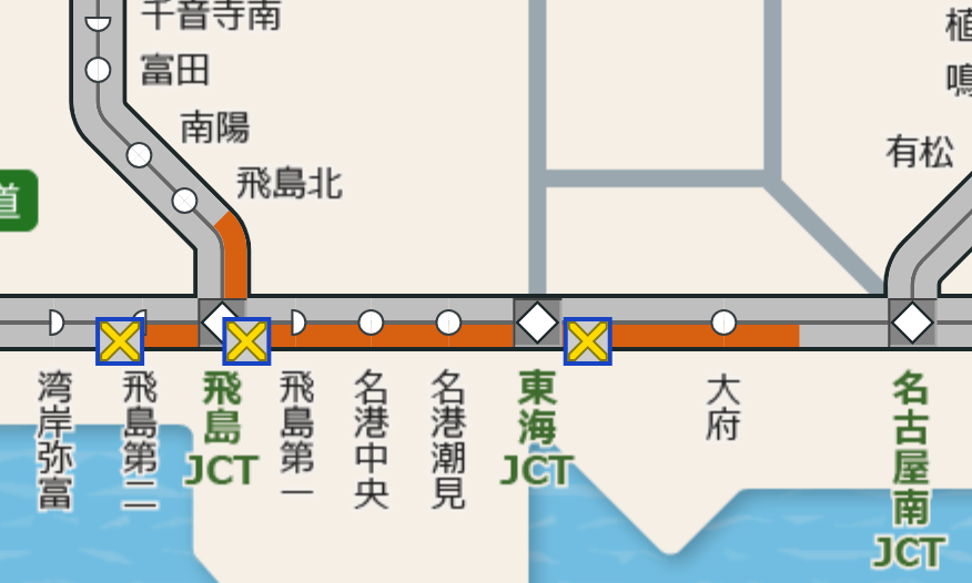 c_nexco_nagoya's tweet photo. 【#事故 #E1A伊勢湾岸道】
E1A伊勢湾岸道　湾岸弥富IC～大府IC（下り線）において、事故が複数発生しており、車線規制を実施しています。  

9時30分現在　飛島第二IC付近を先頭に13km渋滞しています。通過に約80分かかる見込みです。 

車間距離をとって気を付けてご走行ください。 https://t.co/yy3YD51czh