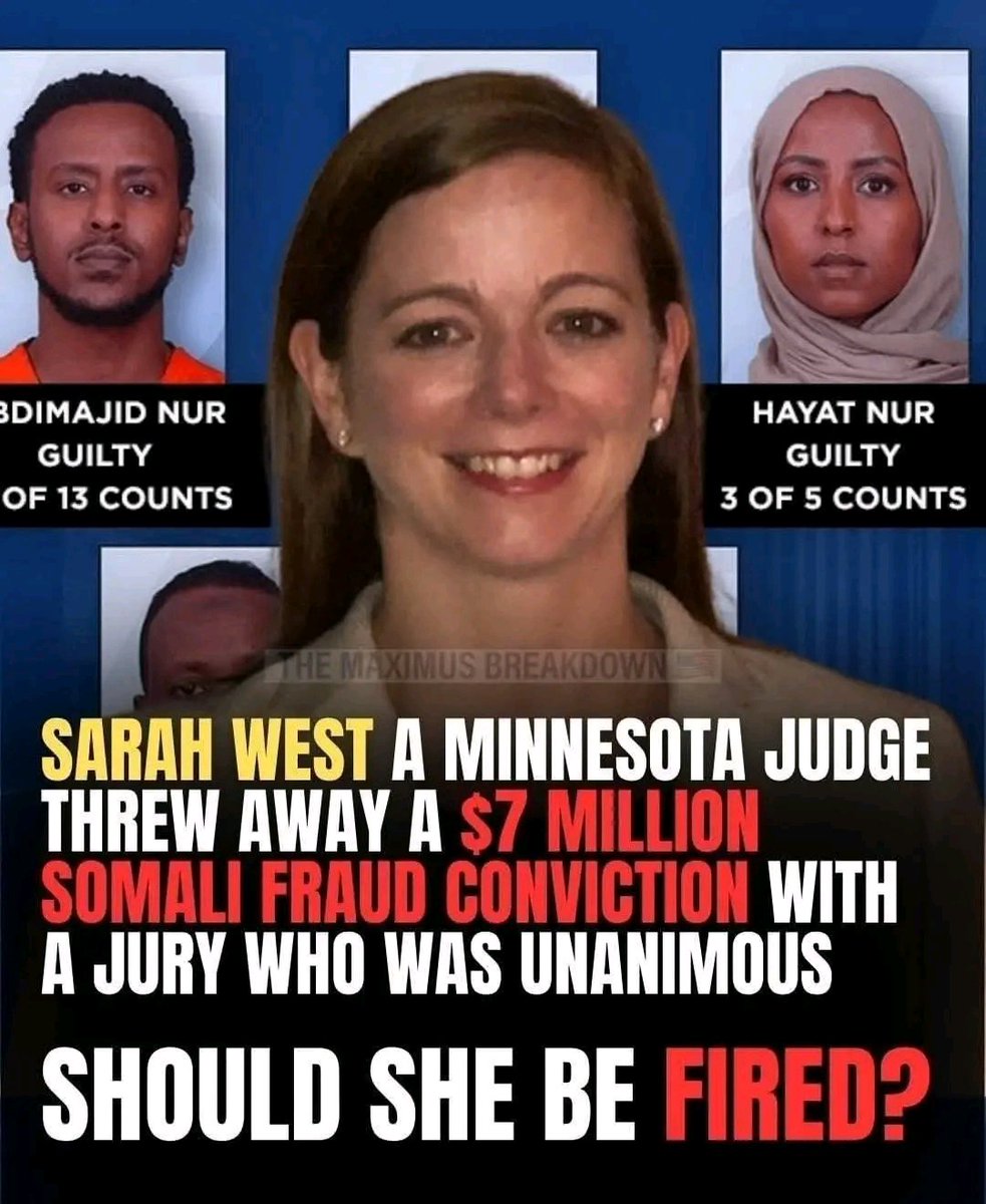 SEzra31589's tweet photo. A Minnesota judge named Sarah West has reportedly tossed a $7.2 million Medicaid fraud conviction even after a unanimous jury verdict found the defendant guilty.

Should she be fired? https://t.co/QeOIm9gp9Z